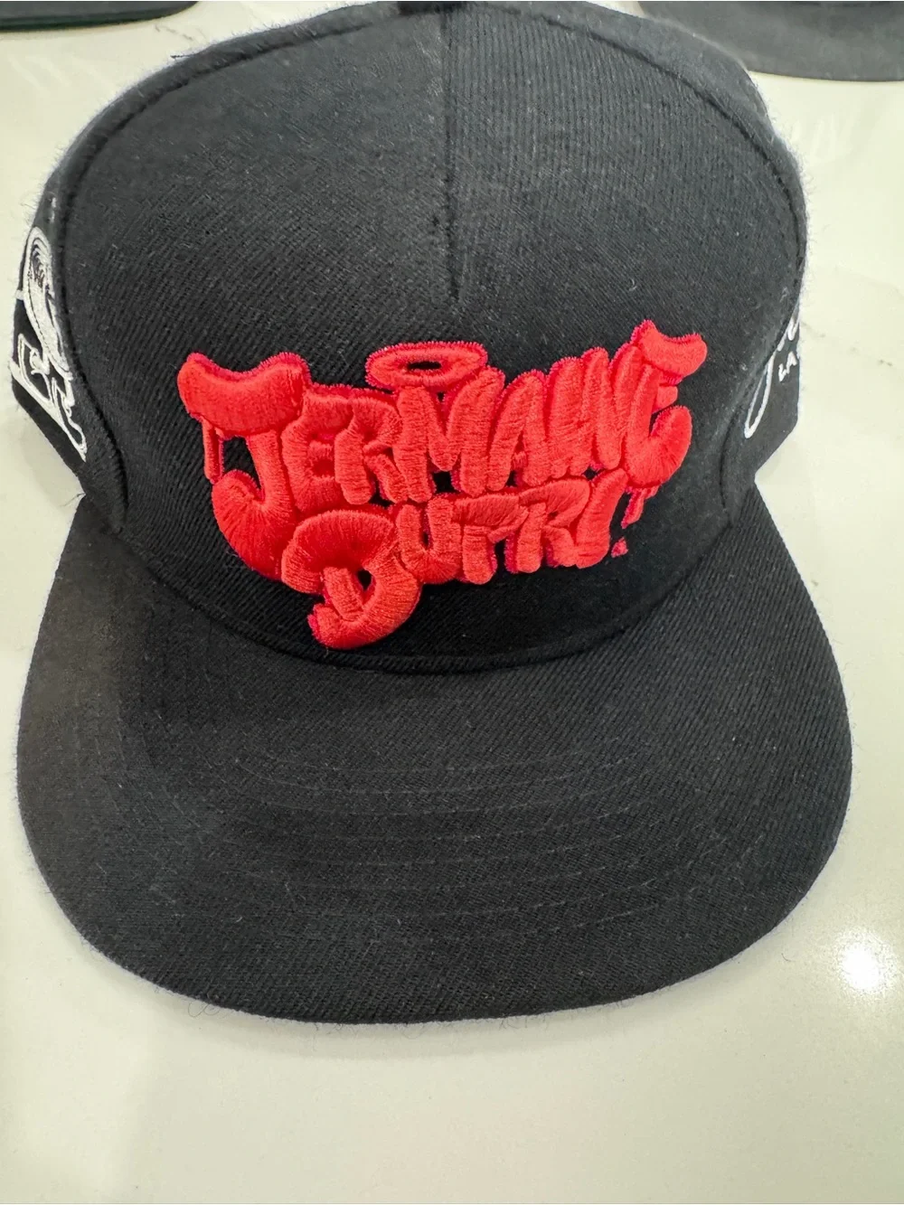 Jermaine Dupri Black Snapback Cap with Red Embroidered Script